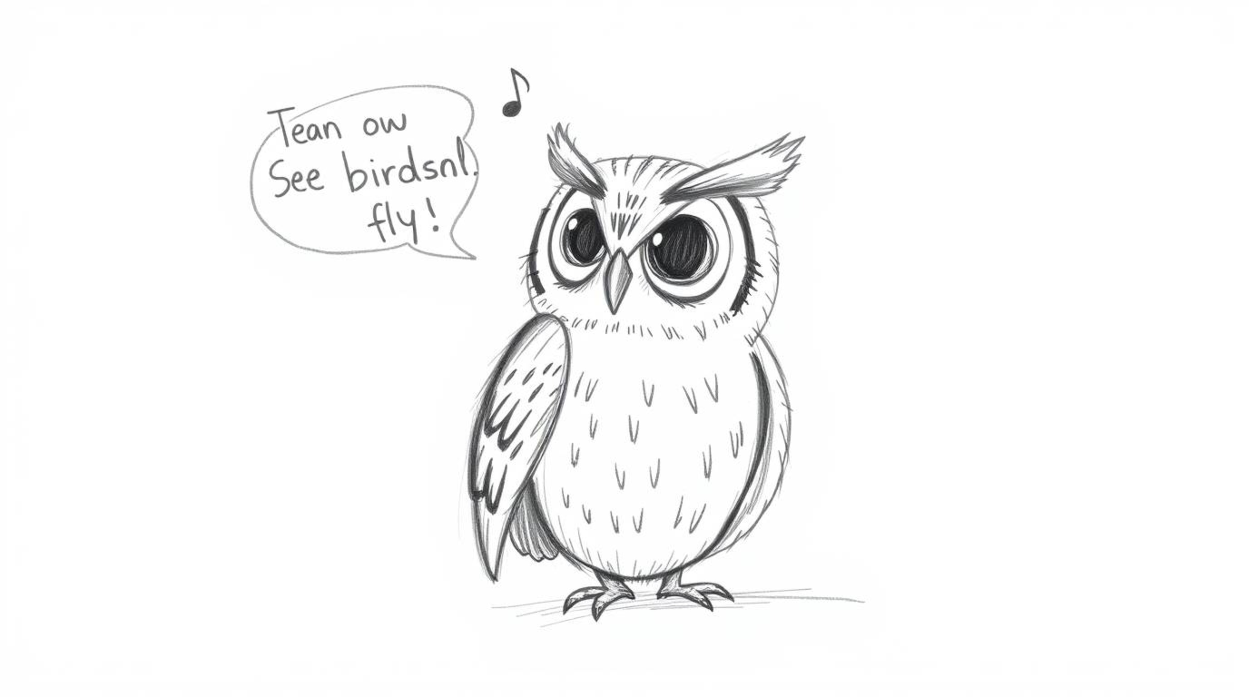 A hand-drawn sketch inspired by Pixar, portrays a blind owl with textured pencil strokes imparting the art of flight to other