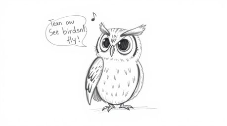 A hand-drawn sketch inspired by Pixar, portrays a blind owl with textured pencil strokes imparting the art of flight to other