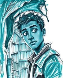 Explore a rich deep teal hand-drawn sketch depicting a person with inquisitive eyes and olive skin discovering a hidden under