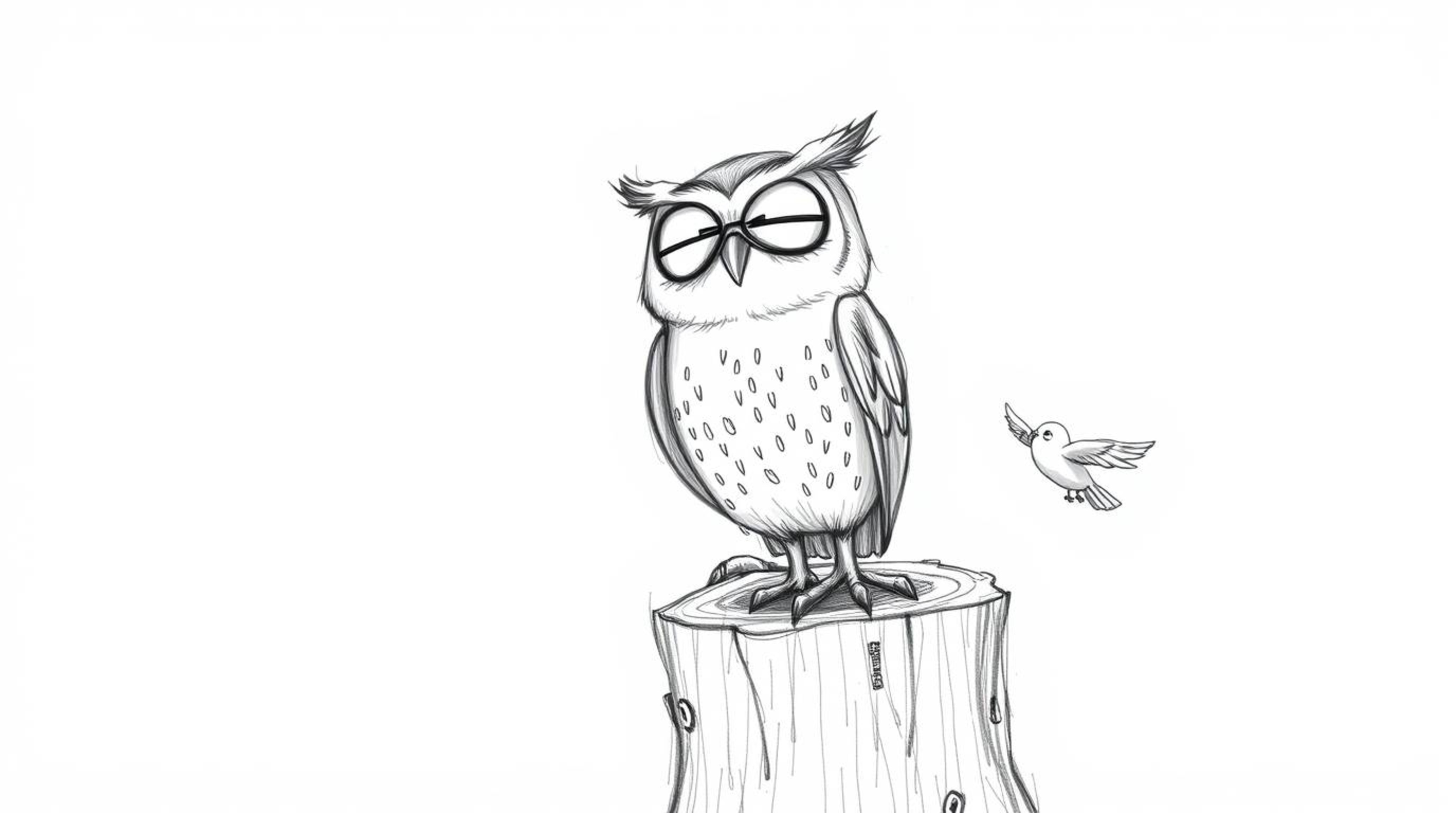 A heartwarming hand-drawn sketch, Pixar style, depicting a blind owl perched on a tree stump, joyfully watching its little bi