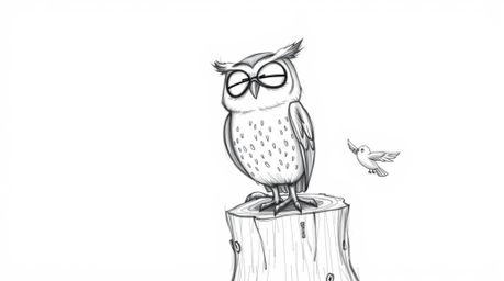 A heartwarming hand-drawn sketch, Pixar style, depicting a blind owl perched on a tree stump, joyfully watching its little bi