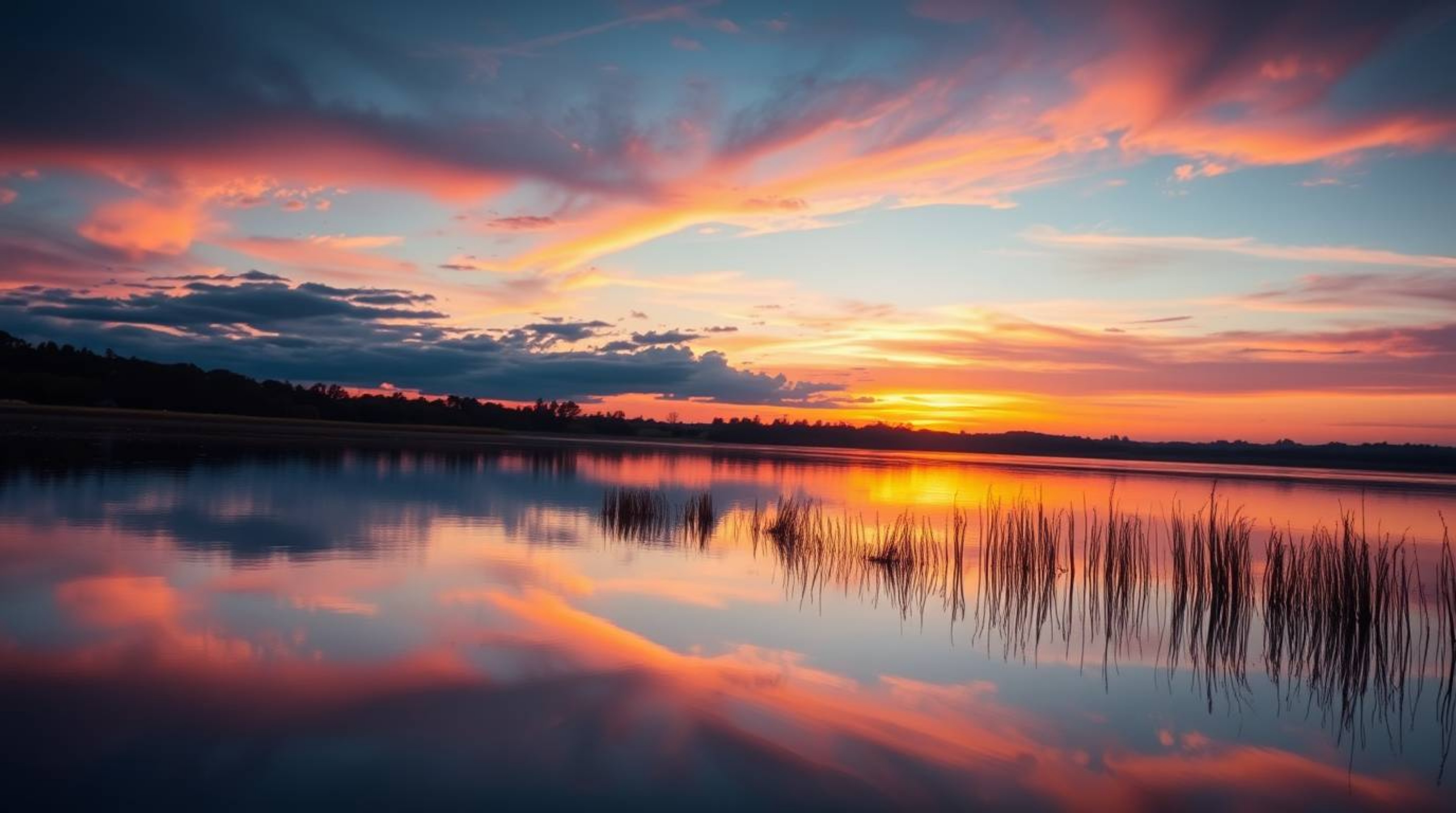 This high-resolution stock photo captures the tranquil beauty of a calm pond reflecting a vibrant and colorful sunset. The im