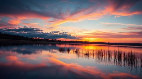 This high-resolution stock photo captures the tranquil beauty of a calm pond reflecting a vibrant and colorful sunset. The im