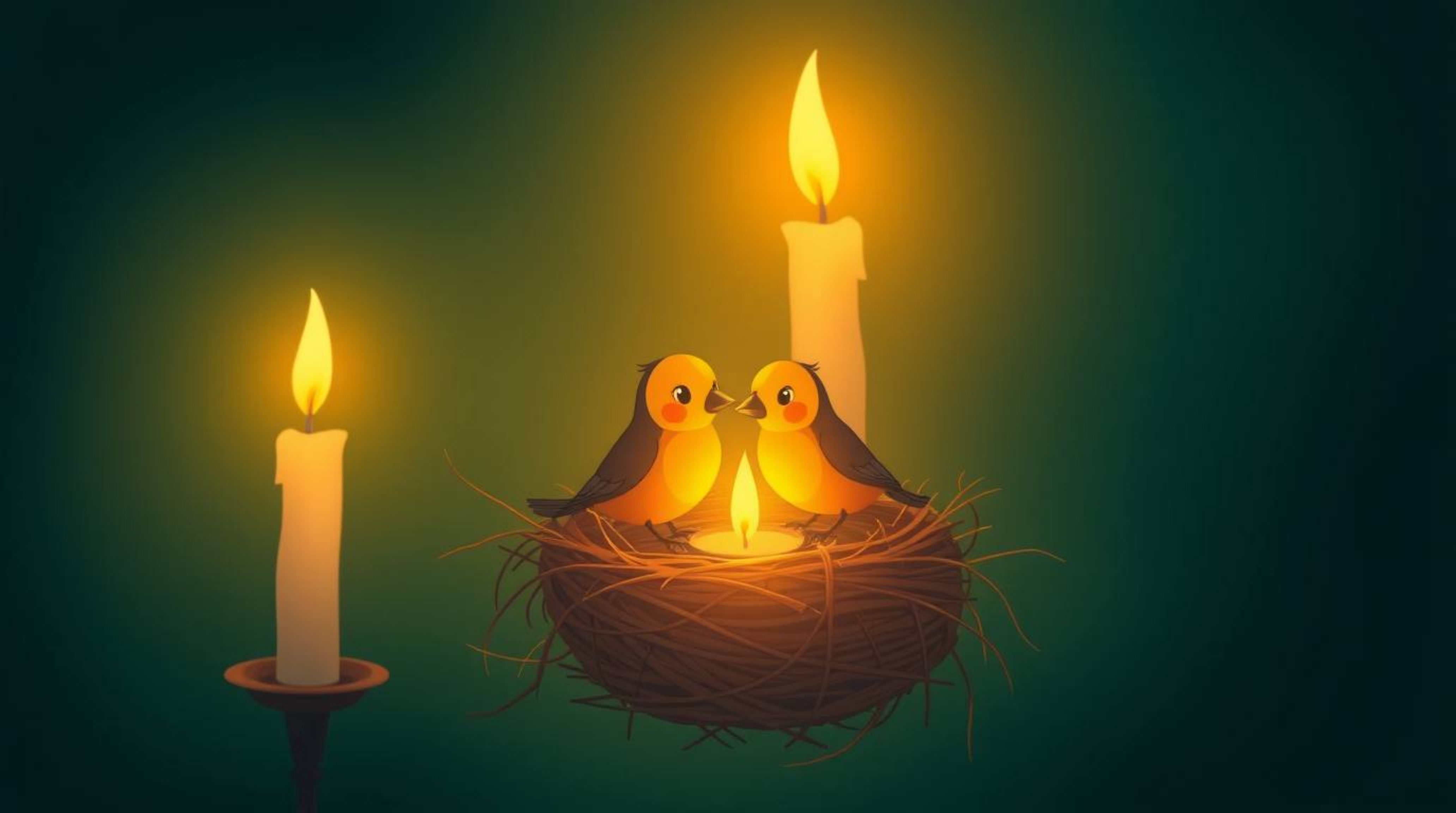 A charming animation featuring two cartoon birds building a nest in a classic style.  The scene is bathed in warm candlelight