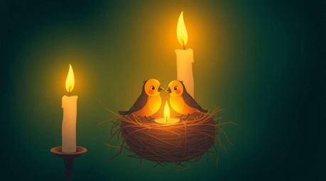 A charming animation featuring two cartoon birds building a nest in a classic style. The scene is bathed in warm candlelight