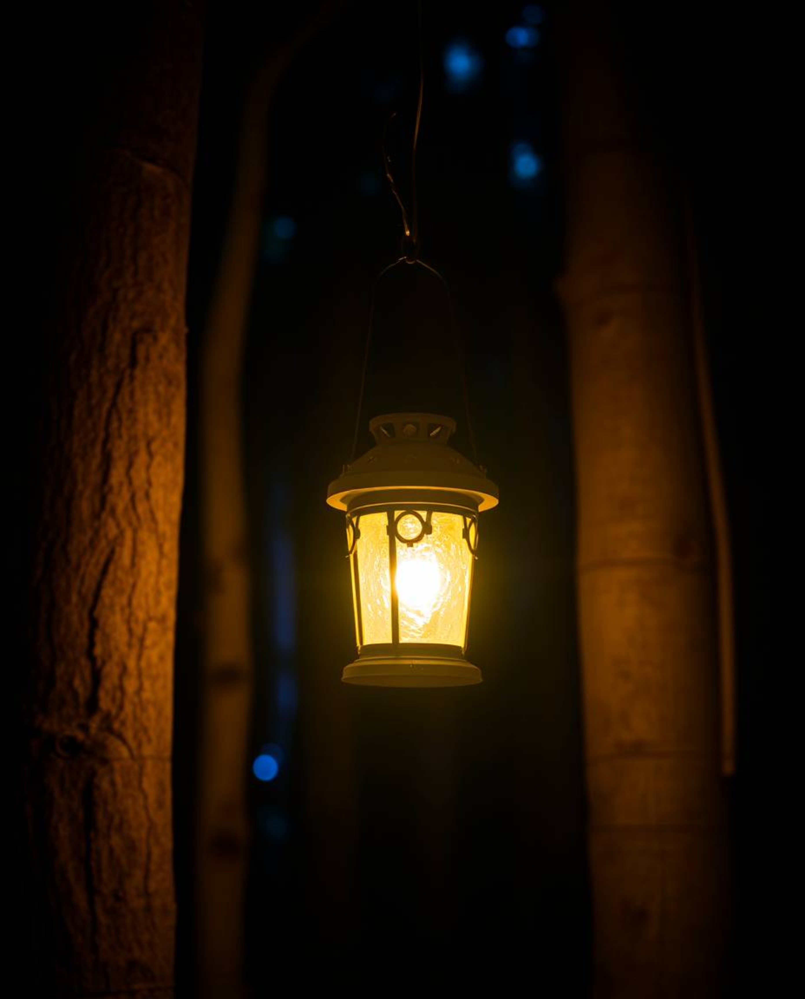 Immerse yourself in a captivating dark forest scene illuminated by a glowing lantern. This composition features vibrant compl