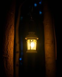 Immerse yourself in a captivating dark forest scene illuminated by a glowing lantern. This composition features vibrant compl