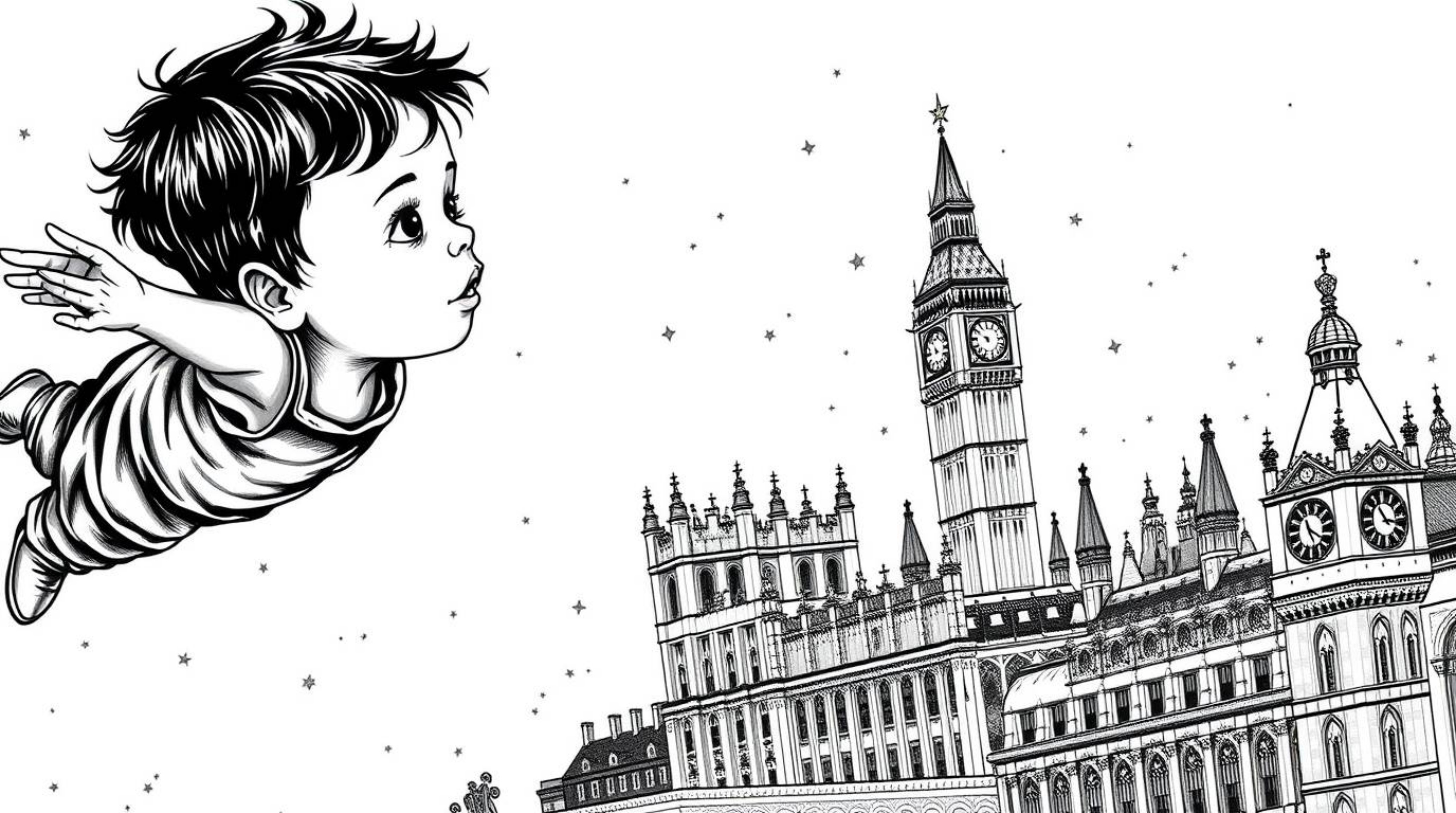 A timeless black and white tattoo art print featuring a young boy with dark hair soaring above a detailed London cityscape, e