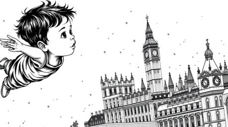 A timeless black and white tattoo art print featuring a young boy with dark hair soaring above a detailed London cityscape, e