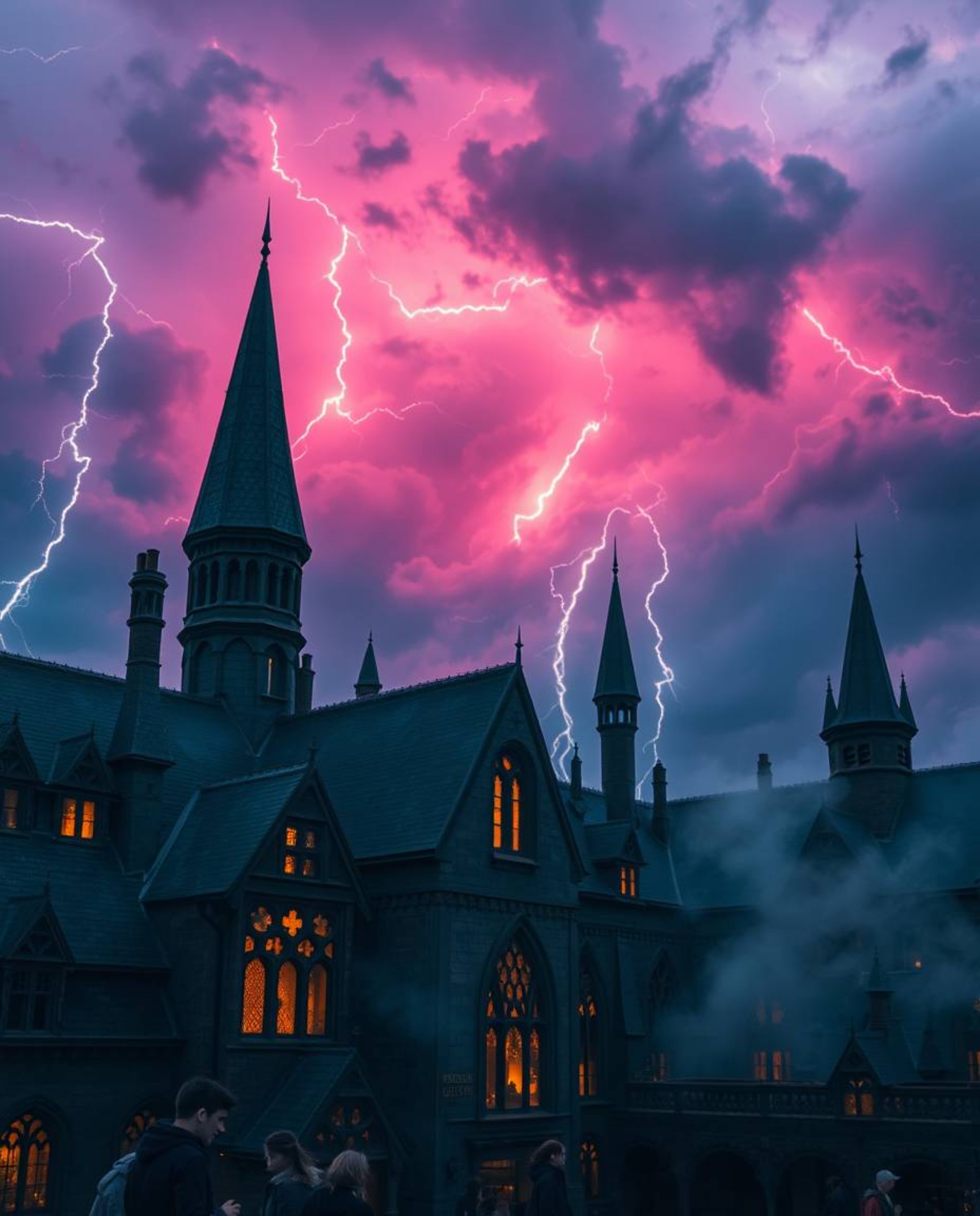 Experience the intense drama of stormy skies over a magical school filled with young wizards.  Vivid colors and high tension 