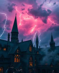 Experience the intense drama of stormy skies over a magical school filled with young wizards. Vivid colors and high tension
