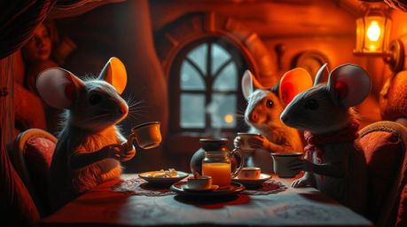 Immerse yourself in a captivating scene: anthropomorphic mice gather for a delightful tea party within the warm, inviting con