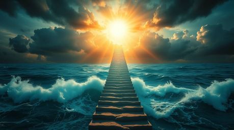A dramatic ocean staircase climbs towards a stormy sky, bathed in the light of a divine sunburst. This epic and symbolic imag