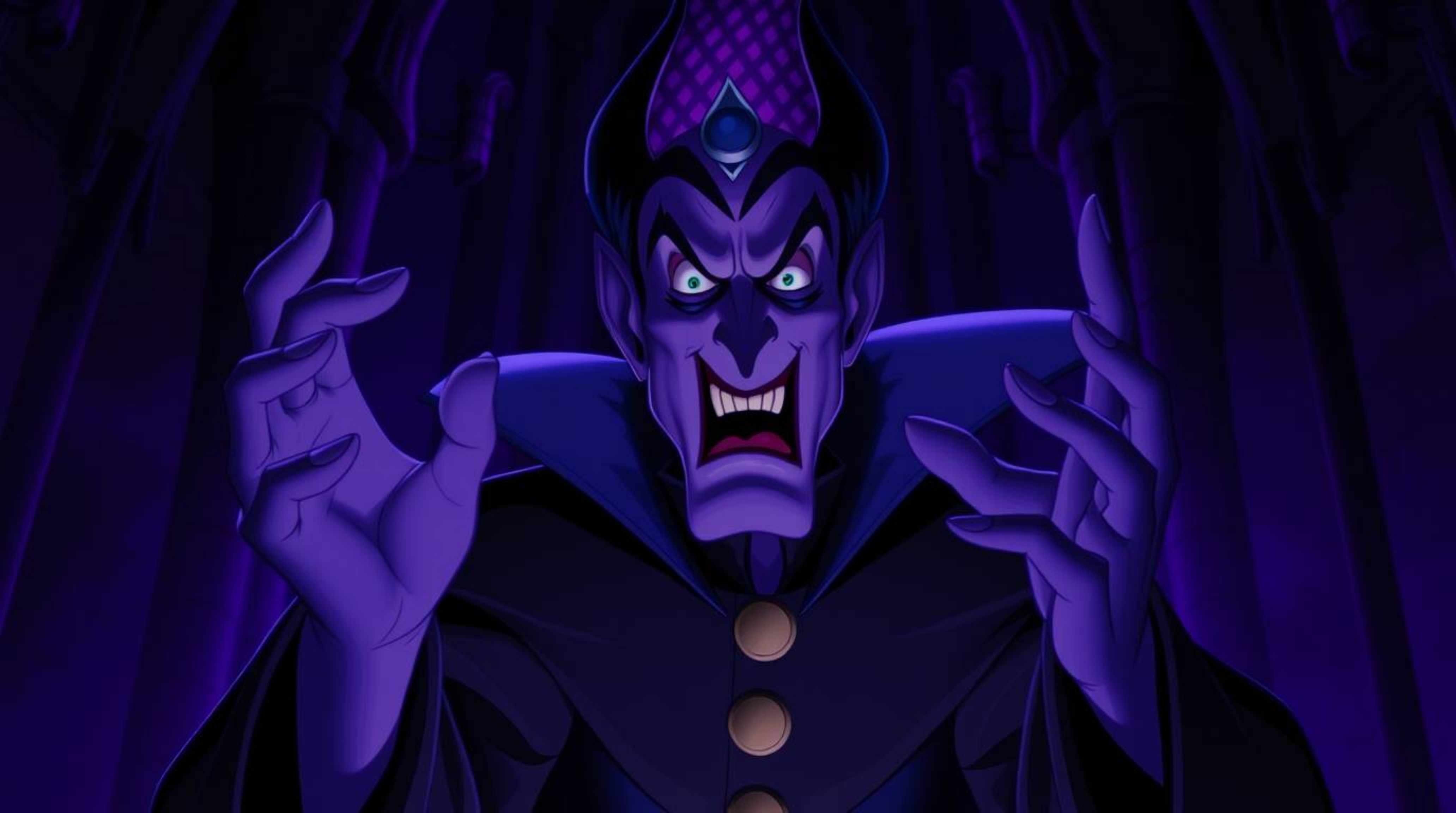 A classic Disney villain with striking features and dark purple-grey skin is depicted casting a spell within the confines of