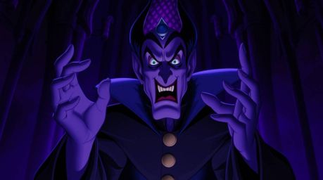 A classic Disney villain with striking features and dark purple-grey skin is depicted casting a spell within the confines of 