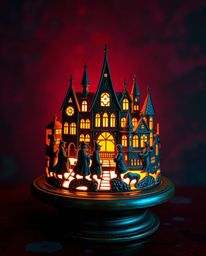 This captivating bronze sculpture depicts a magical school filled with young wizards, illuminated by rich burgundy and deep b