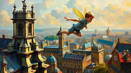 A classic oil painting depicting a young boy soaring above London, propelled by magical pixie dust. The artwork features irid