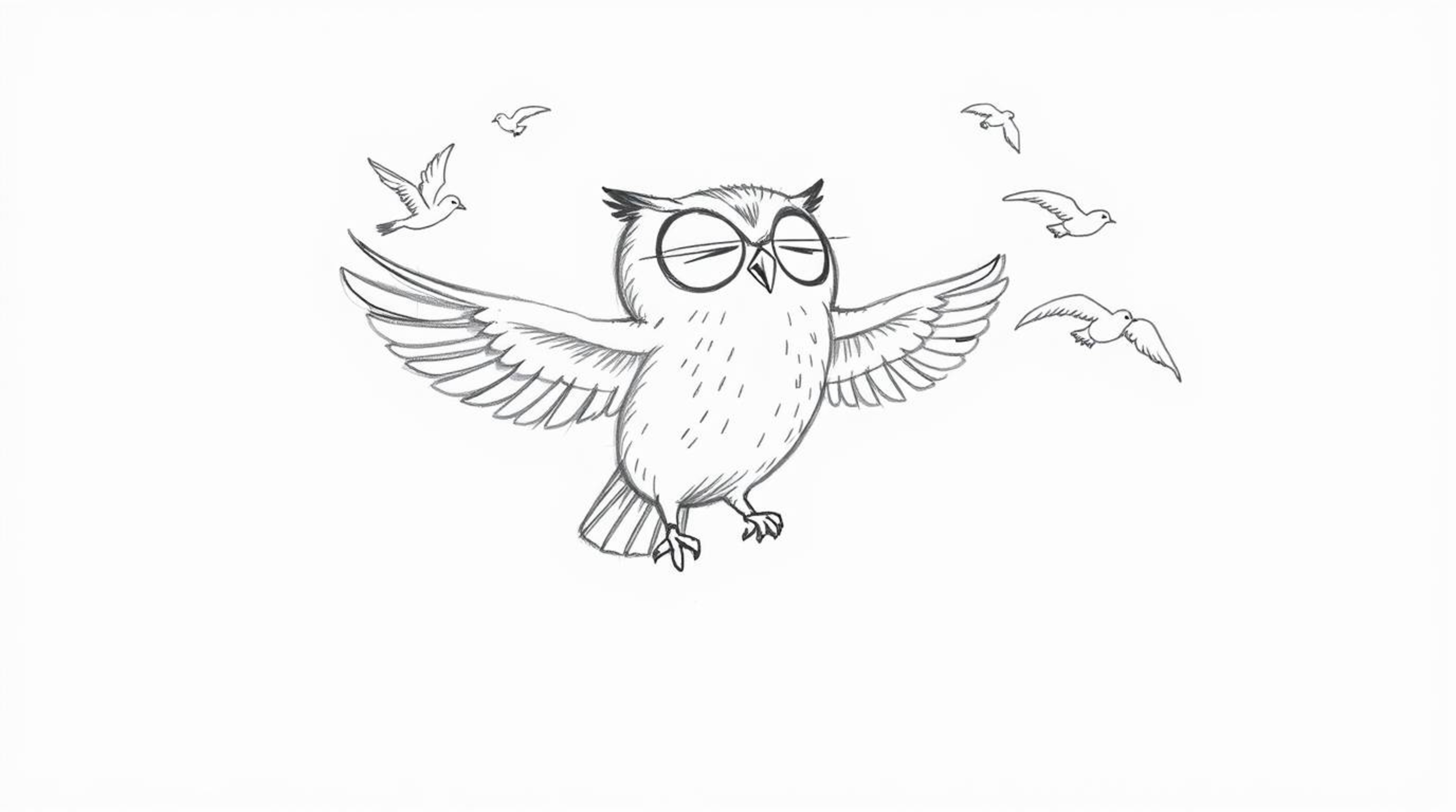 A charming hand-drawn sketch in the style of Pixar depicts a blind owl, with soft features, gracefully teaching birds to fly.