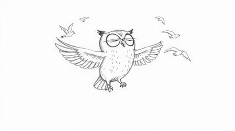A charming hand-drawn sketch in the style of Pixar depicts a blind owl, with soft features, gracefully teaching birds to fly.