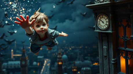 A captivating scene unfolds depicting a young boy with light skin soaring above London, propelled by magical pixie dust.  Ren