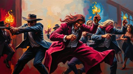 A bold acrylic painting brings a dynamic chase scene to life with exaggerated squash and stretch techniques. The vibrant colo