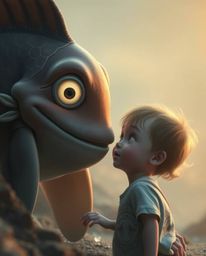 A heartwarming story unfolds as a child befriends a magical sea creature with luminous eyes and gentle fins. Shot in a soft