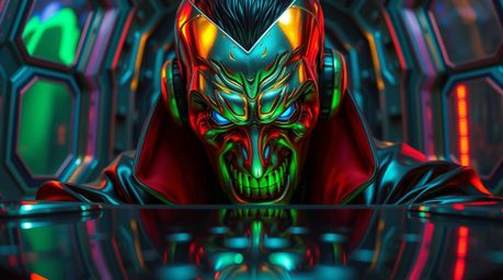 This image features iridescent colors and reflections, showcasing a villain experiencing a comical breakdown in a high-tech l