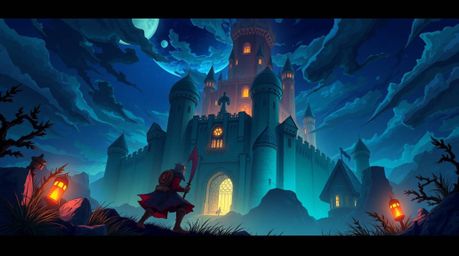 An Isekai anime illustration of a thief infiltrating a heavily guarded castle, rendered with glowing bioluminescent colors an