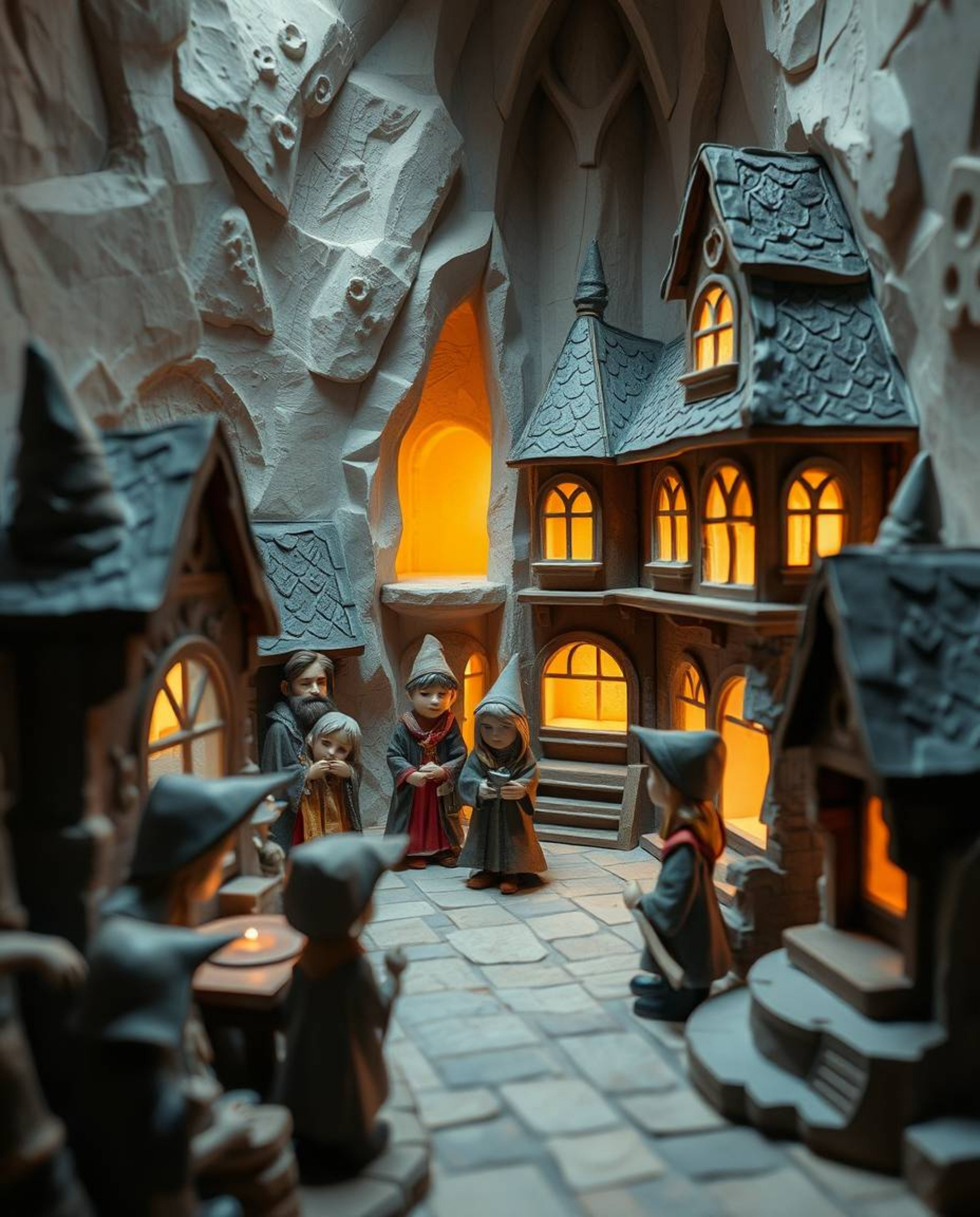 Explore a whimsical magical school brought to life through layered papier-mâché artistry. Illuminated with gentle soft light,