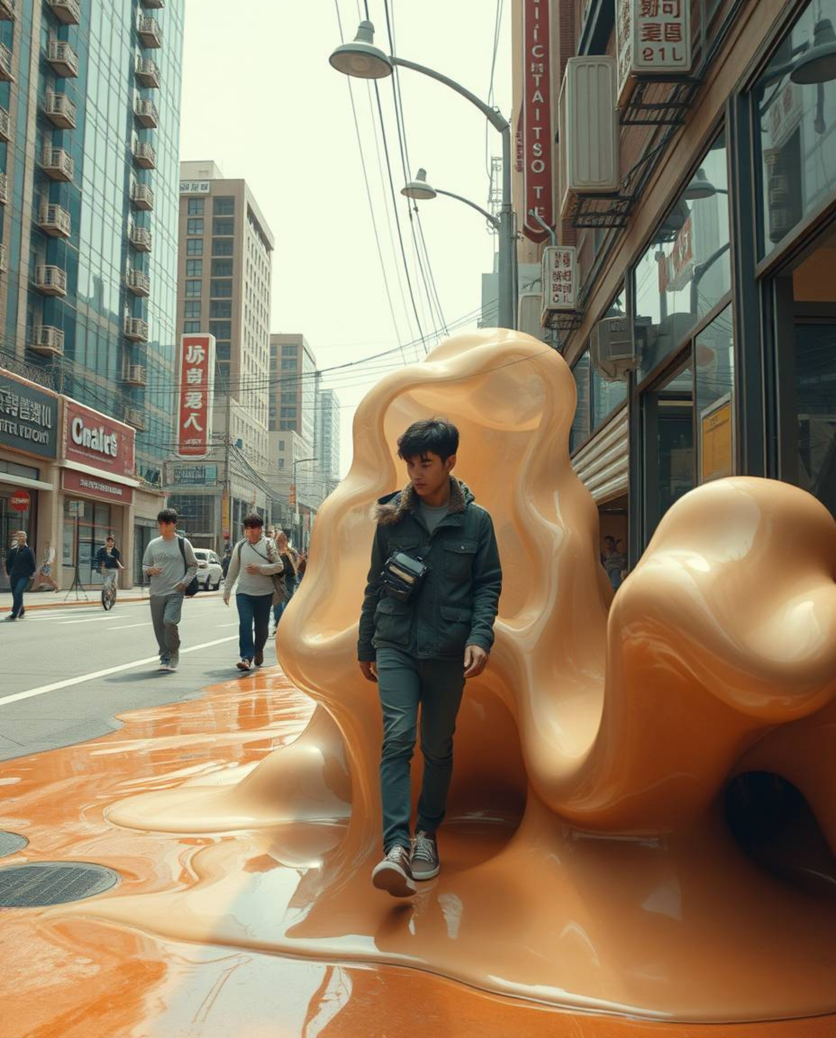 This image captures a candid street photography scene infused with surreal elements. The composition features natural earth t