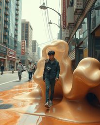 This image captures a candid street photography scene infused with surreal elements. The composition features natural earth t