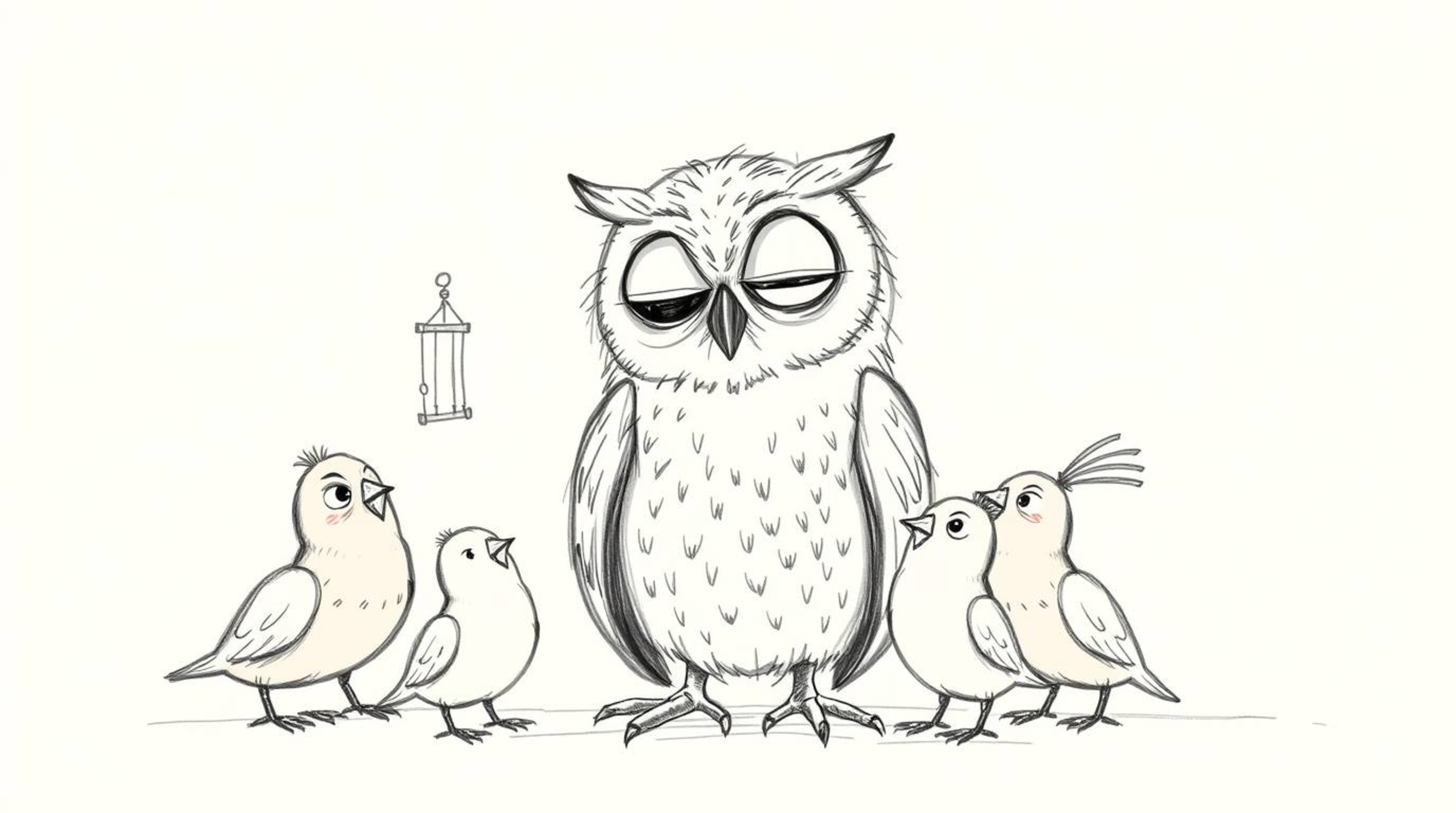 A heartwarming, hand-drawn sketch in the style of Pixar depicts a blind owl, subtly characterized by gentle wrinkles around i