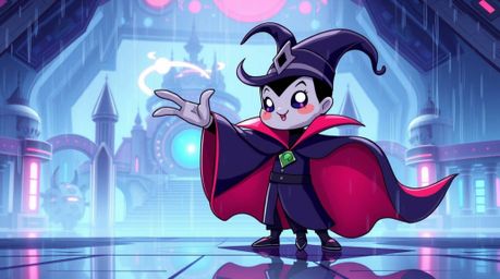 A captivating illustration depicts an adorable Disney villain casting a spell within a futuristic, rain-soaked castle.  The s
