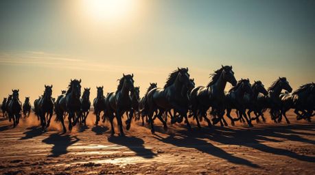 A captivating image of a bronze sculpture depicting a herd of wild horses running under a vibrant, glowing sky.  The strong, 