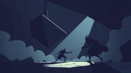 A modern flat design image depicting a dramatic scene with an anvil about to fall on a trickster character. The high contrast