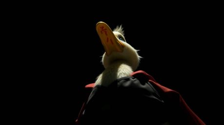 This image features a superhero duck in a zany costume, captured with a low-angle shot against a dark background. The dramati