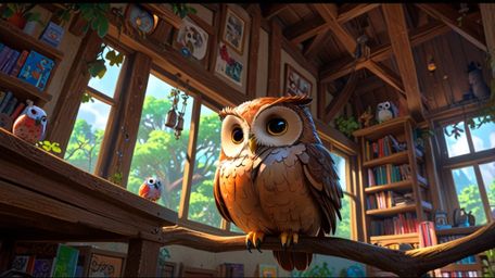 This artwork beautifully combines Pixar and anime aesthetics to depict a heartwarming scene inside a peaceful, magical treeho