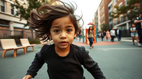 A captivating candid street photograph showcases a dramatic slow-motion run through a playground.  The image features a subje