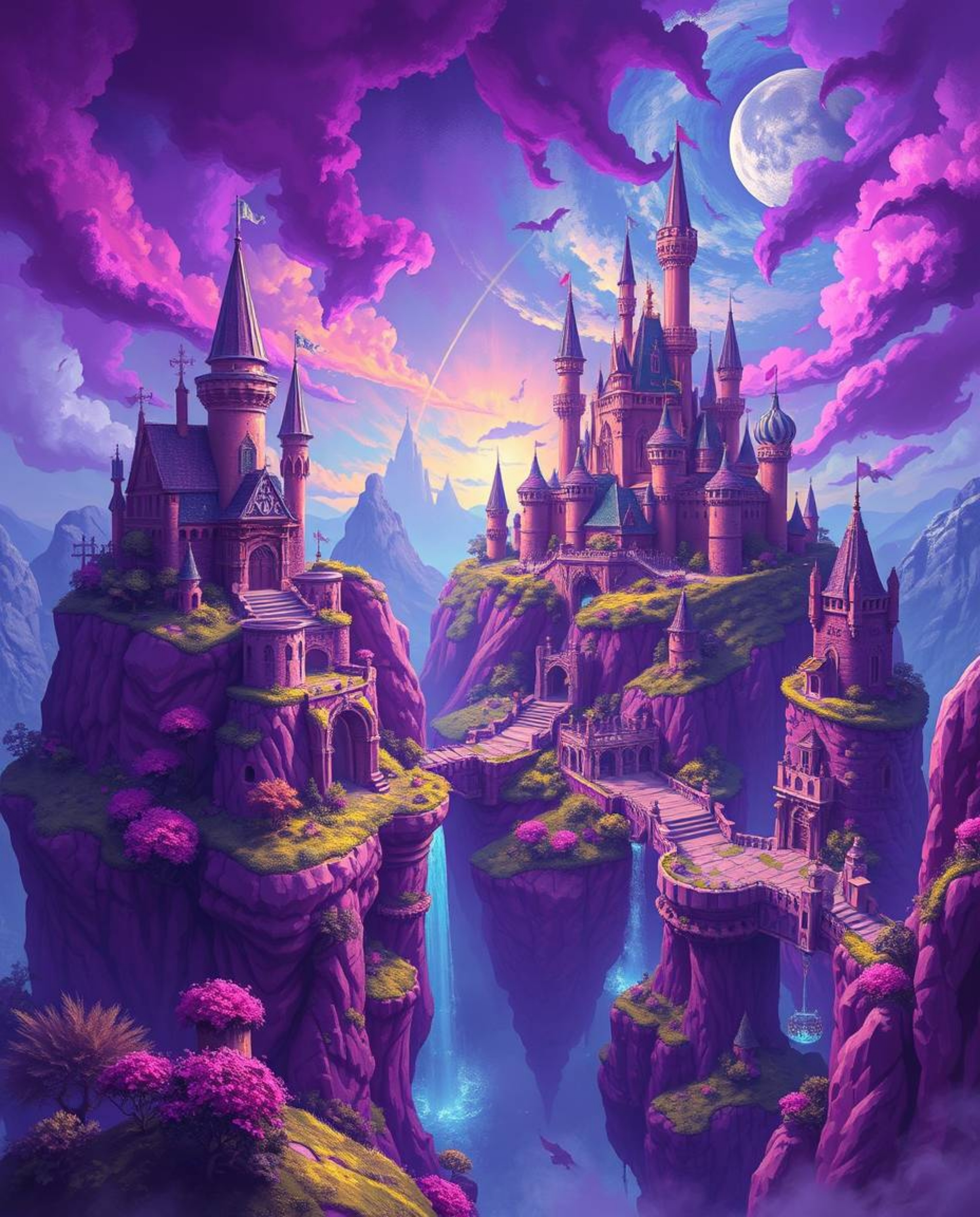 Immerse yourself in a vibrant digital painting showcasing a colorful kingdom with floating islands and majestic castles. Rend