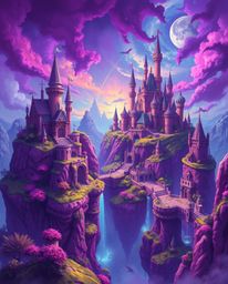 Immerse yourself in a vibrant digital painting showcasing a colorful kingdom with floating islands and majestic castles. Rend