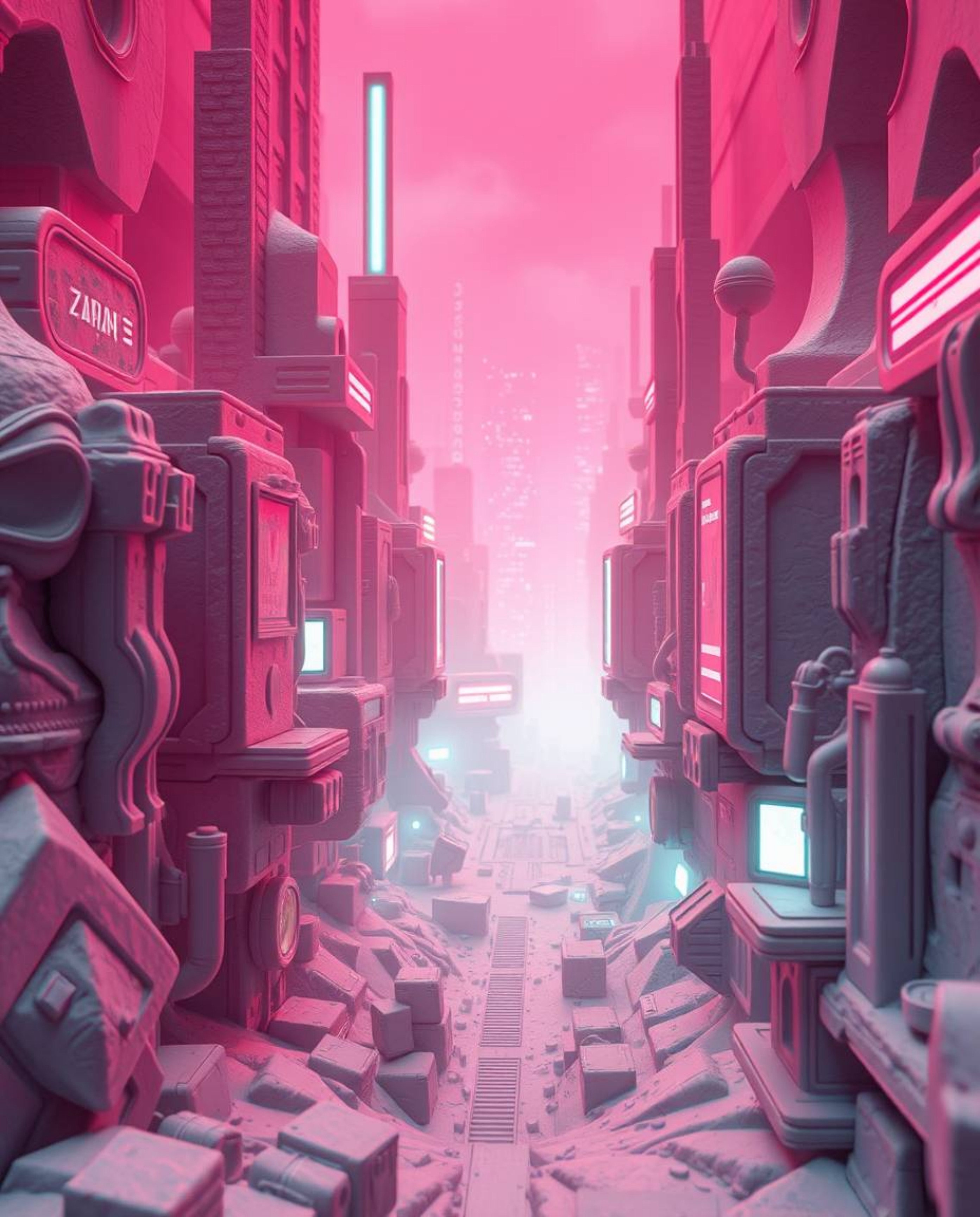 A captivating sculptural clay artwork portrays a futuristic city engulfed in a glitch, showcasing flickering lights, broken h