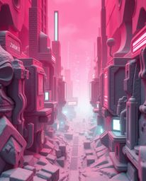 A captivating sculptural clay artwork portrays a futuristic city engulfed in a glitch, showcasing flickering lights, broken h