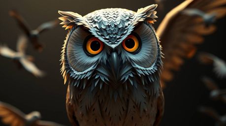 A captivating image of a blind owl, rendered in the beloved Pixar style, is depicted teaching birds how to fly. The scene is 