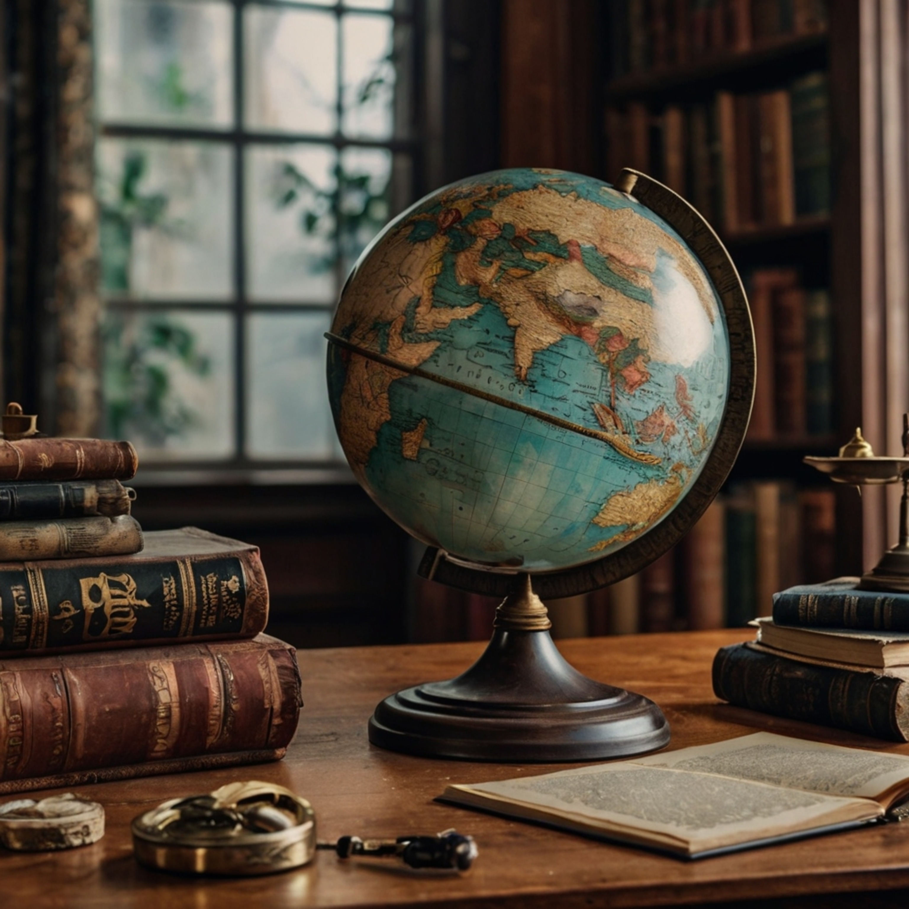Capture the charm of yesteryear with this image of a vintage globe adorned with faded countries, resting gracefully on a desk