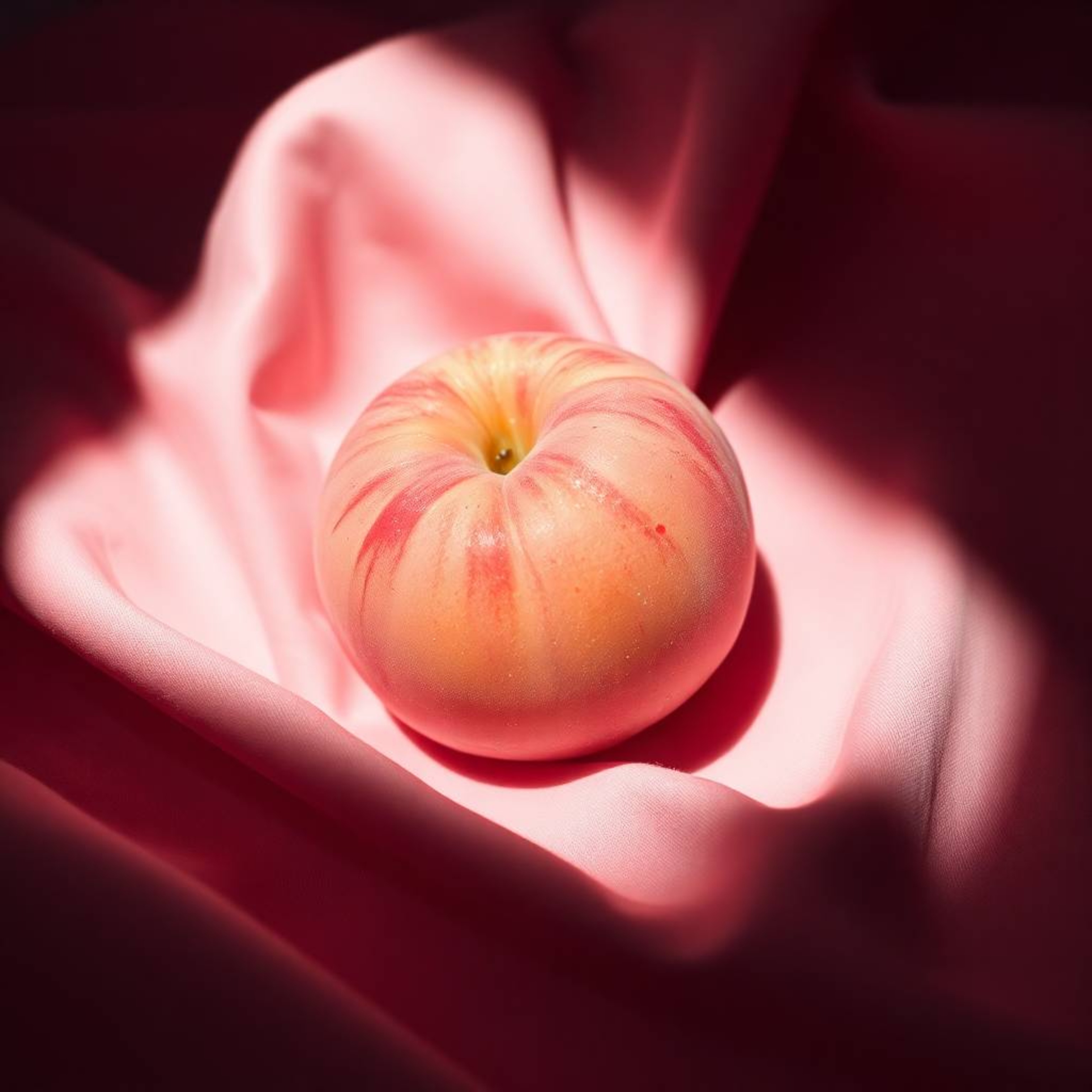 High-angle close-up image showcasing a soft, blushing pink peach resting on pastel pink fabric. The image employs contrasting