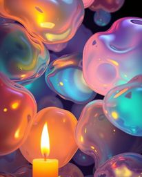 Immerse yourself in a digital painting showcasing three-dimensional, fluid jelly blobs bursting with vibrant colors and synth