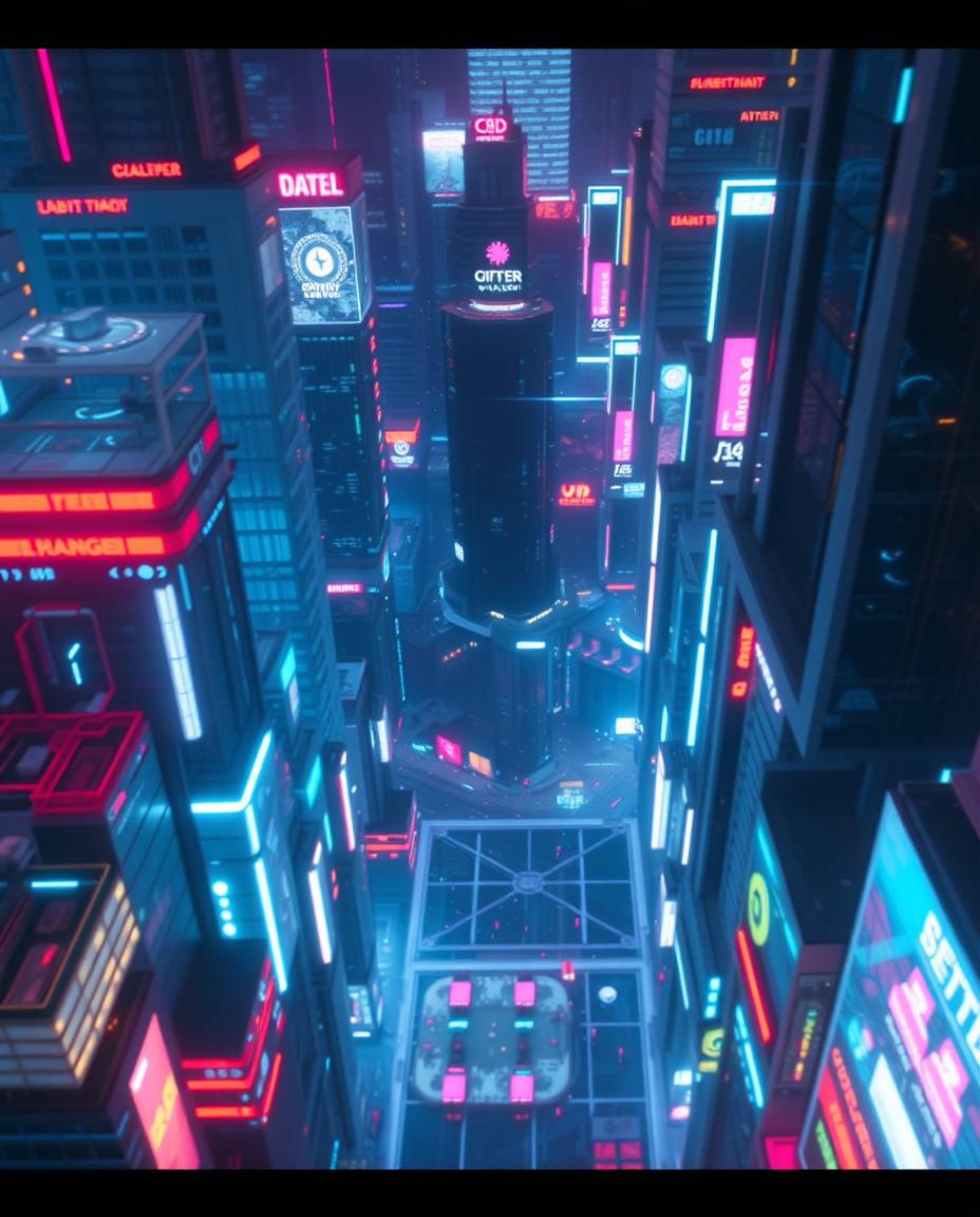 A stunning high-angle stock photo showcasing a futuristic city engulfed in a glitch effect.  Flickering lights and fragmented