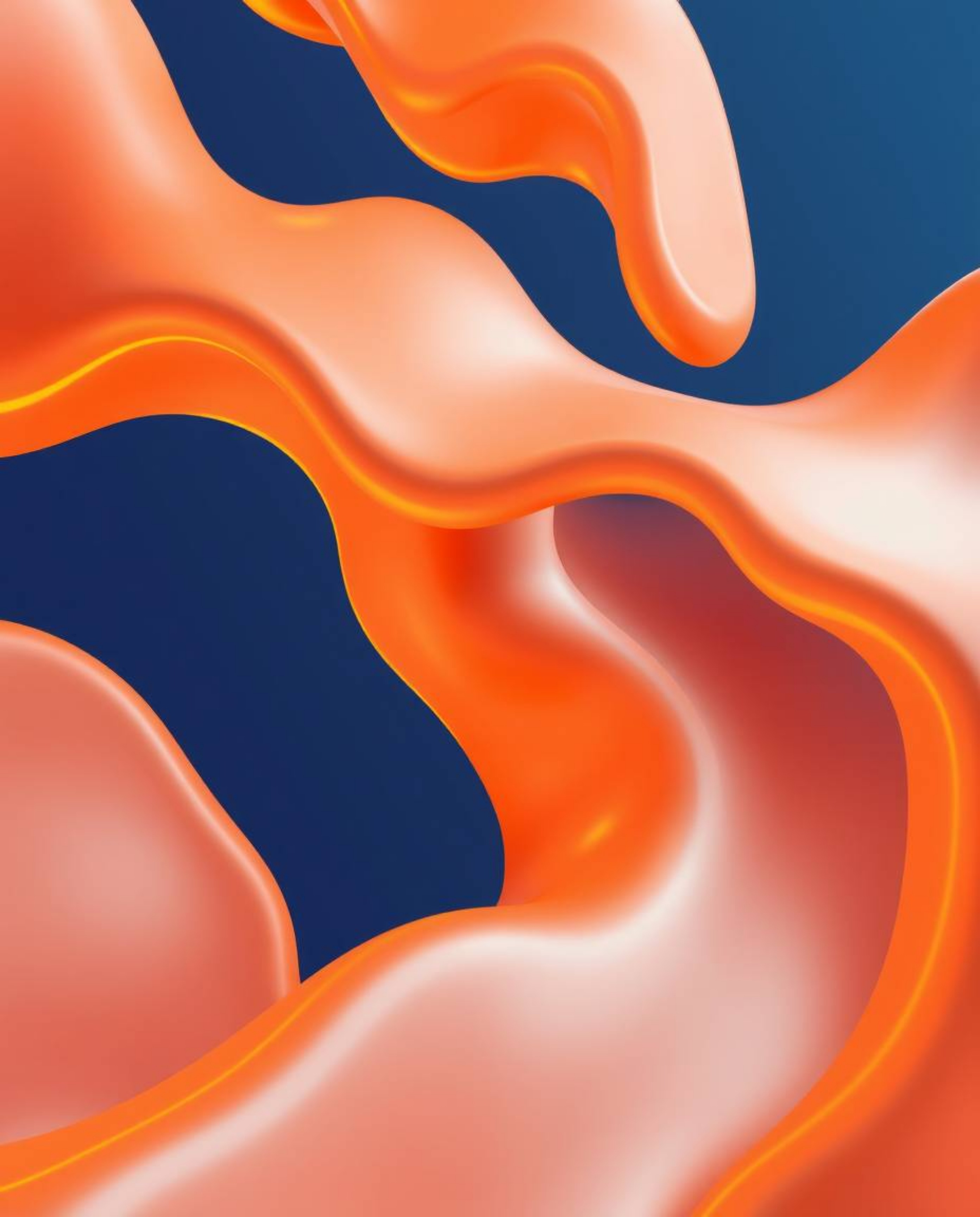 Explore captivating warm futuristic 3D fluid shapes accentuated with glowing edges against a deep blue backdrop. This high-an