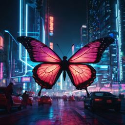 A mesmerizing digital art piece showcases a vibrant, neon butterfly gracefully soaring through a sprawling futuristic city.  