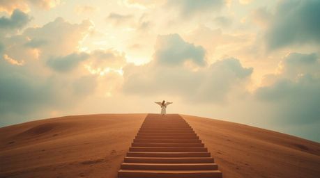 A fine art photograph featuring a captivating blend of warm terracotta and cool teal tones. Steps made of light ascend into a